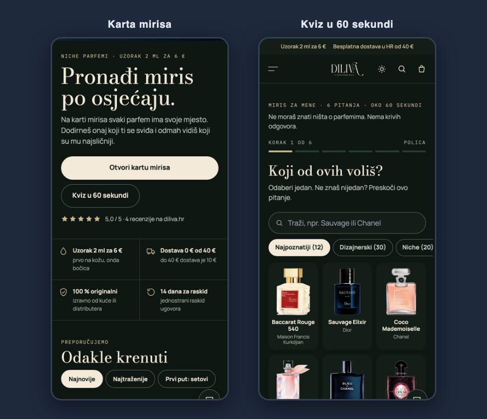 Dva ekrana novog Dilivinog weba na mobitelu: naslovnica s gumbom Otvori kartu mirisa i kvizom u 60 sekundi, i prvi korak kviza s pitanjem Koji od ovih voliš uz policu poznatih parfema